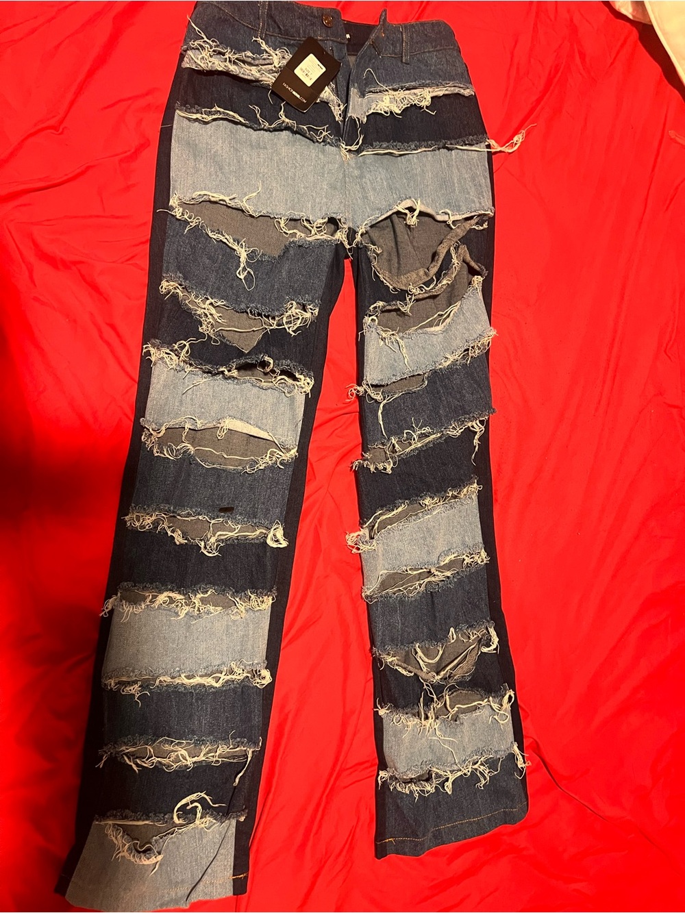 Fashion Nova Two-Tone Distressed Flare Jeans - Dark Blue & Light Blue